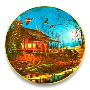 Plate Moonlight Retreat Plate by wildlife artist Terry Redlin Cabin in the woods